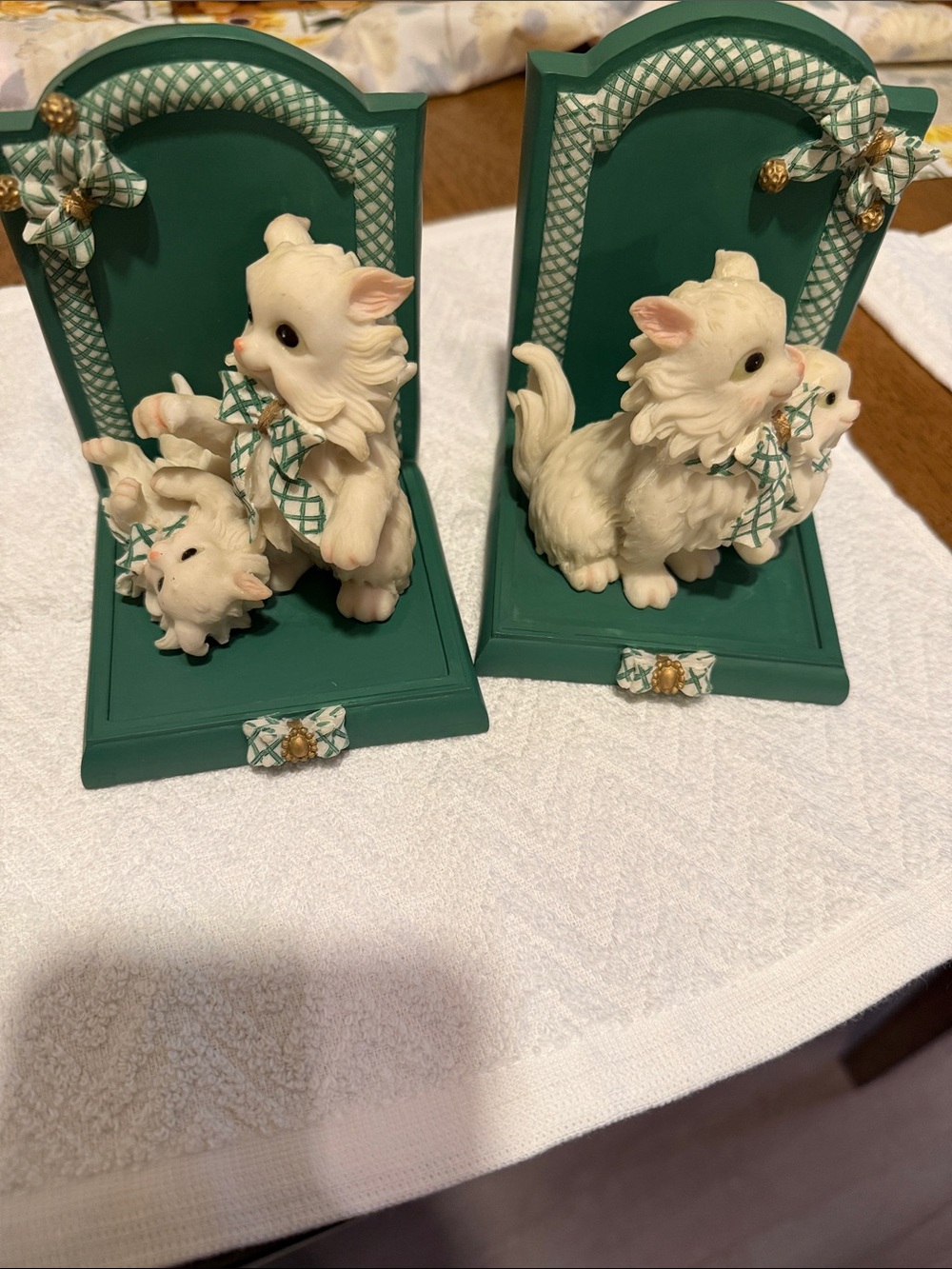 White Ceramic Puppy Bookends with Teal Accents, unknown brand